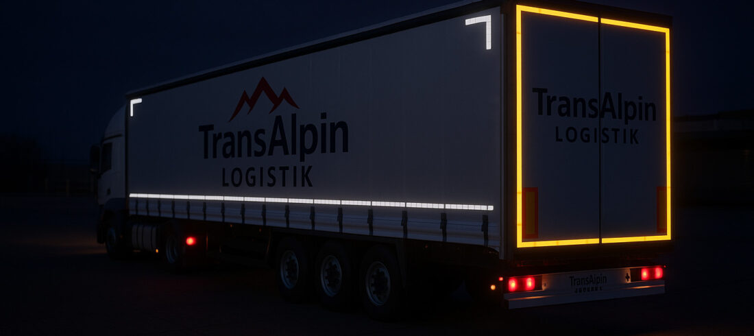 Ein TransAlpin Logistik-Sattelzug steht nachts auf einem gepflasterten Industriegelände. Der weiße Planenauflieger trägt seitlich ein großes Firmenlogo mit dunkelblauer Schrift und rotem Bergsymbol. Knapp oberhalb der Spanngurte verläuft eine weiße, segmentierte Konturmarkierung entlang der Seitenfläche. Am Heck ist eine umlaufende gelbe Konturmarkierung zu sehen, ebenfalls leuchtend. Die Rückseite zeigt ebenfalls das Firmenlogo in dunkler Farbe. Rückleuchten und Umgebungsbeleuchtung erzeugen eine stimmungsvolle Nachtatmosphäre.