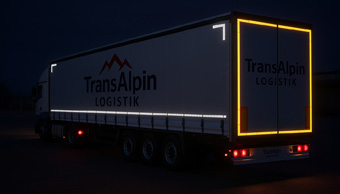 Seiten- und Heckansicht eines Krone Planen-Lkw mit Vollkonturmarkierung gemäß ECE 104 in der Nacht – gelbe reflektierende Streifen entlang der unteren und oberen Kanten an der Seite sowie vollständiger Umriss am Heck. Der Lkw ist geschlossen aufgebaut und für den Gütertransport vorgesehen.