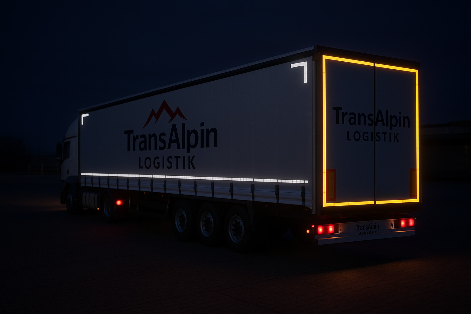 Ein TransAlpin Logistik-Sattelzug steht nachts auf einem gepflasterten Industriegelände. Der weiße Planenauflieger trägt seitlich ein großes Firmenlogo mit dunkelblauer Schrift und rotem Bergsymbol. Knapp oberhalb der Spanngurte verläuft eine weiße, segmentierte Konturmarkierung entlang der Seitenfläche. Am Heck ist eine umlaufende gelbe Konturmarkierung zu sehen, ebenfalls leuchtend. Die Rückseite zeigt ebenfalls das Firmenlogo in dunkler Farbe. Rückleuchten und Umgebungsbeleuchtung erzeugen eine stimmungsvolle Nachtatmosphäre.